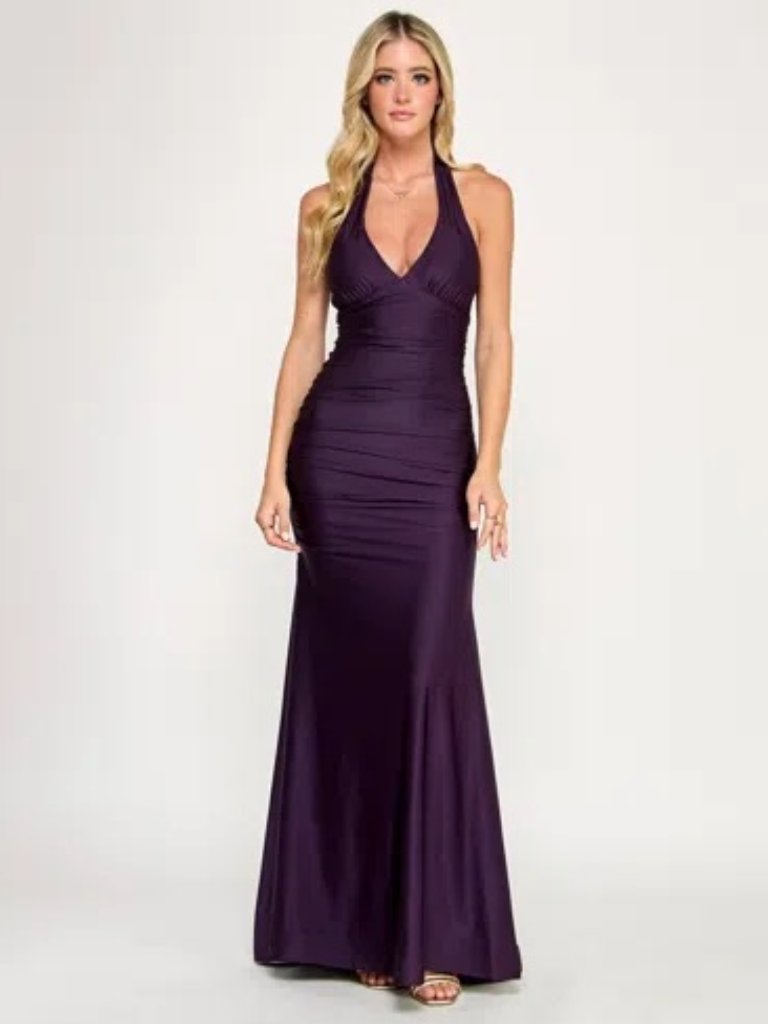 Emerald Sundae Juniors' Ruched Tie-Back Halter Gown